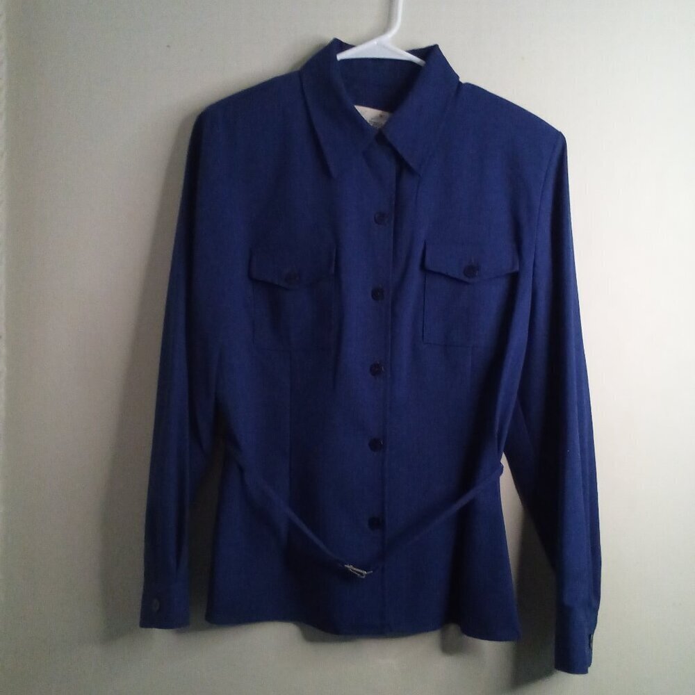 Kathie Lee Collection Blouse Women 14 Button Up Belt Long Sleeve Pockets Blue